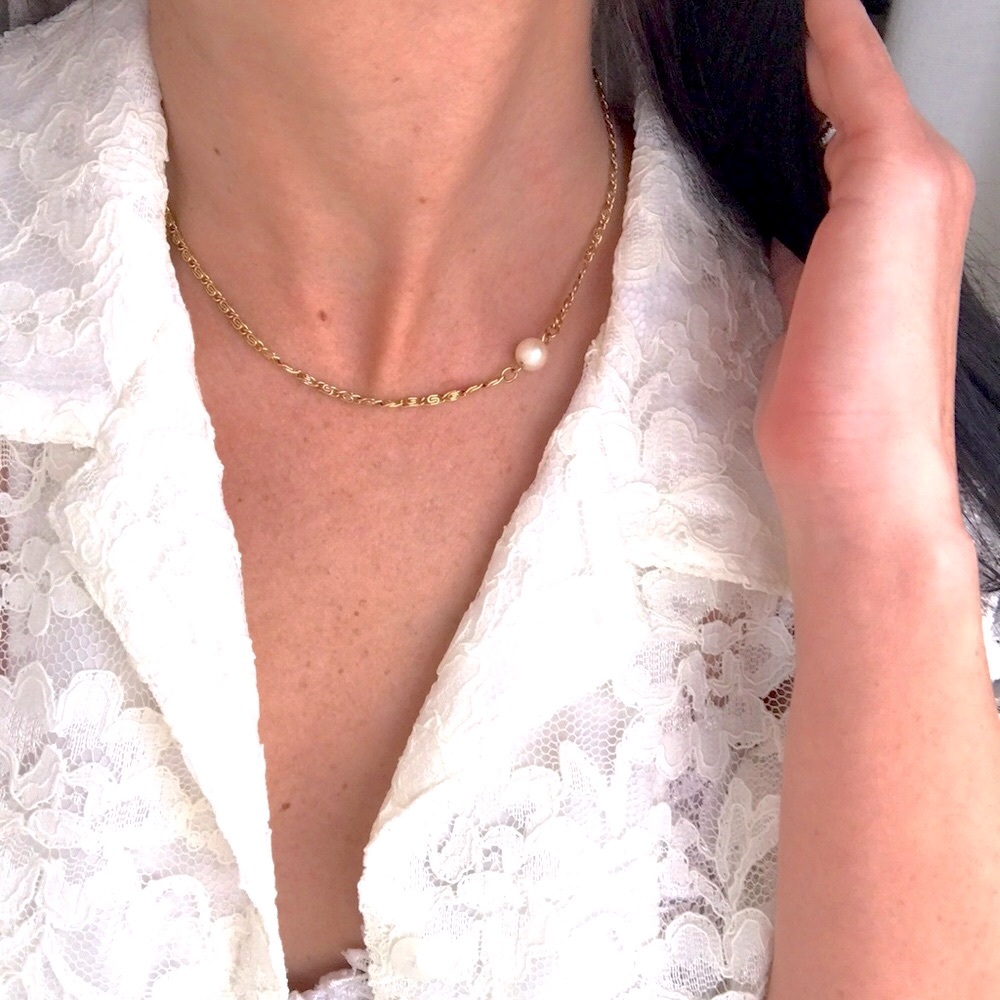 Gold Plated Paperclip Chain | Pearl Necklace Choker & Matching Bracelet